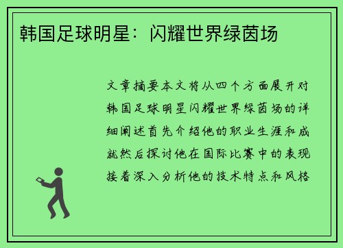 韩国足球明星：闪耀世界绿茵场